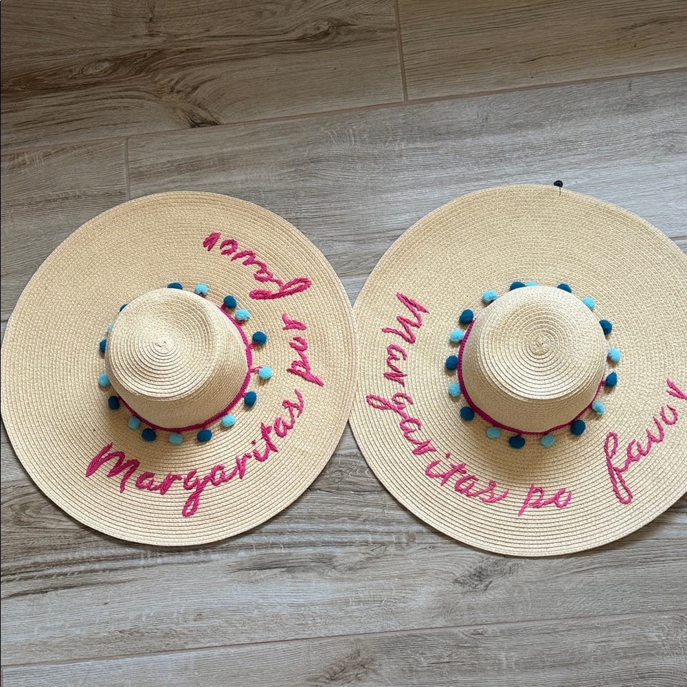 2 Express Tan and Pink Pom-Pom Sun Hats … “ Margarita Pur Favor “ SUPER CUTE !!